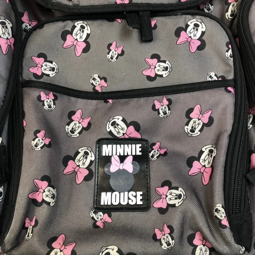 Disney Minnie Mouse Diaper Bag Backpack Grey Pink Bow Print Multi Pocket‎